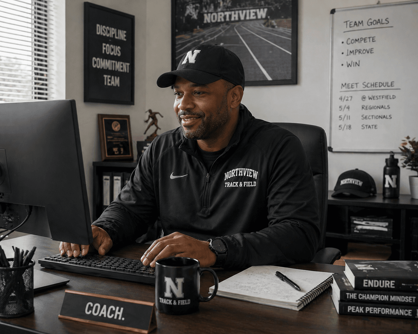 Coach reviewing TrackPro program work at a desk