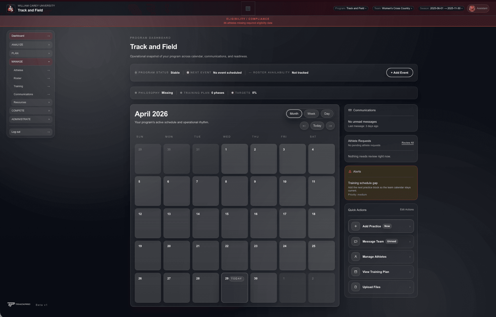 TrackPro desktop program dashboard